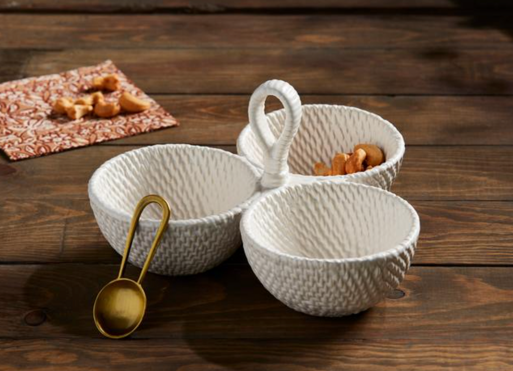 Stoneware Tidbit Set w/ Basket Weave Detail