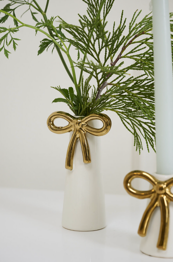 White Ceramic Bud Vase with Gold Bow
