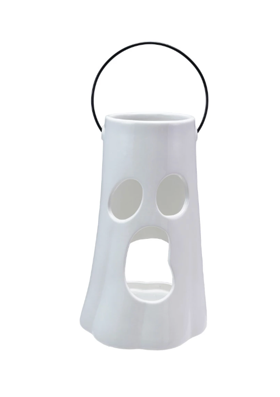 White Ceramic Lantern w/ Ghost Face Cut-Out, 2 Sizes