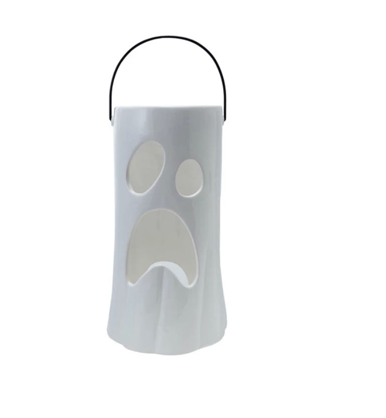 White Ceramic Lantern w/ Ghost Face Cut-Out, 2 Sizes