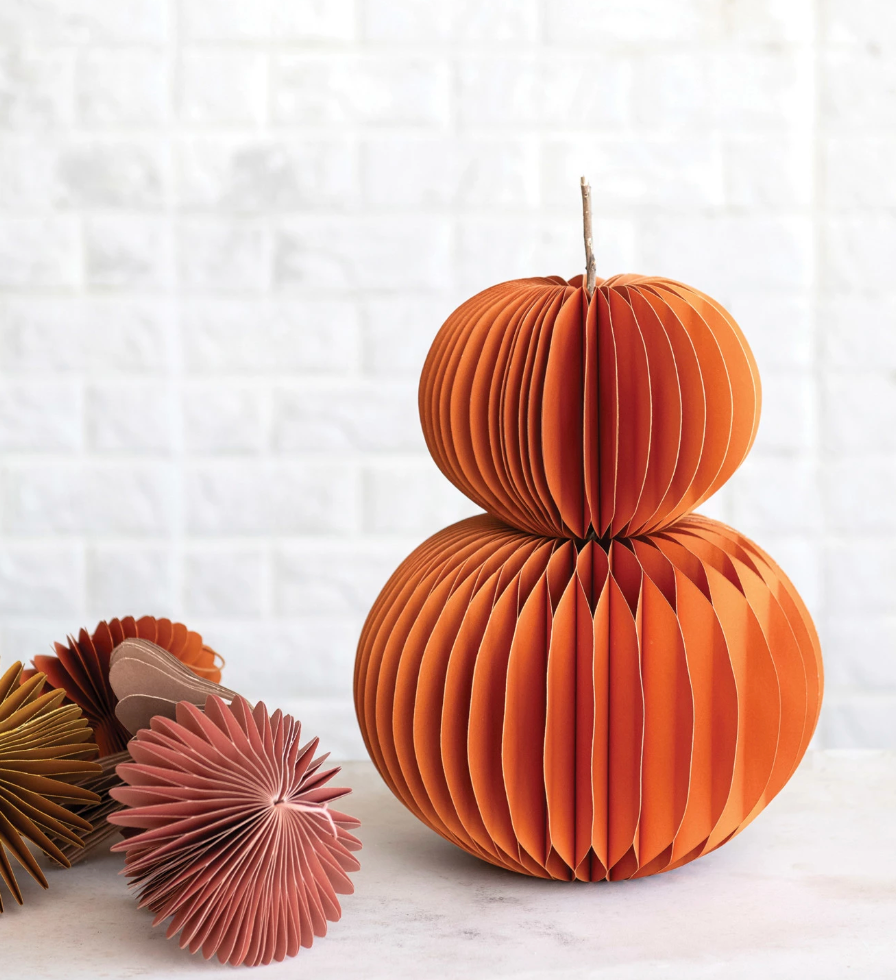 Folding Paper Pumpkin w/ Dried Twig Stem, Orange, 2 Sizes