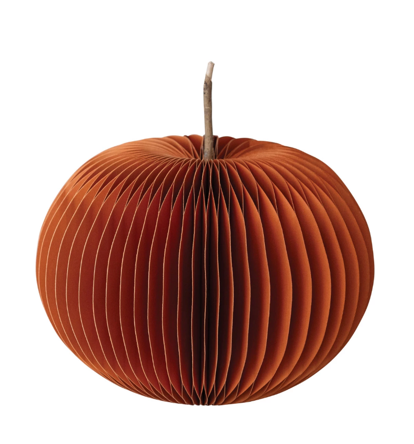 Folding Paper Pumpkin w/ Dried Twig Stem, Orange, 2 Sizes