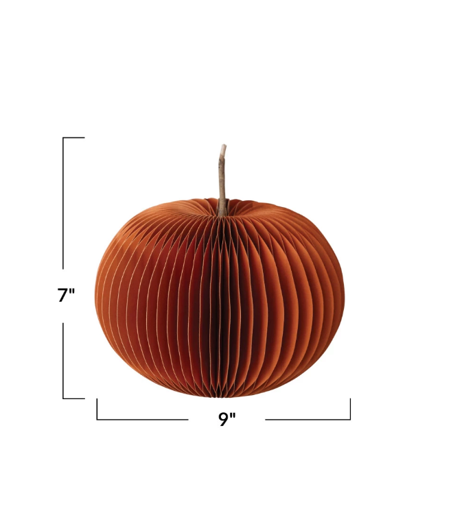 Folding Paper Pumpkin w/ Dried Twig Stem, Orange, 2 Sizes
