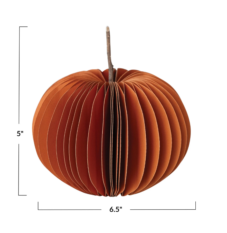 Folding Paper Pumpkin w/ Dried Twig Stem, Orange, 2 Sizes