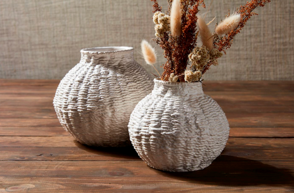 Round Stoneware Vase w/ Basket Weave Texture, 2 Sizes