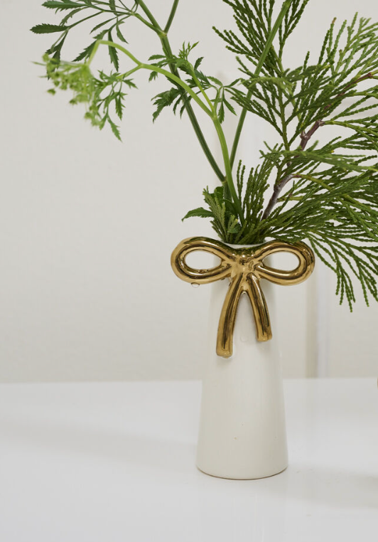White Ceramic Holiday Bud Vase w/ Gold Bow