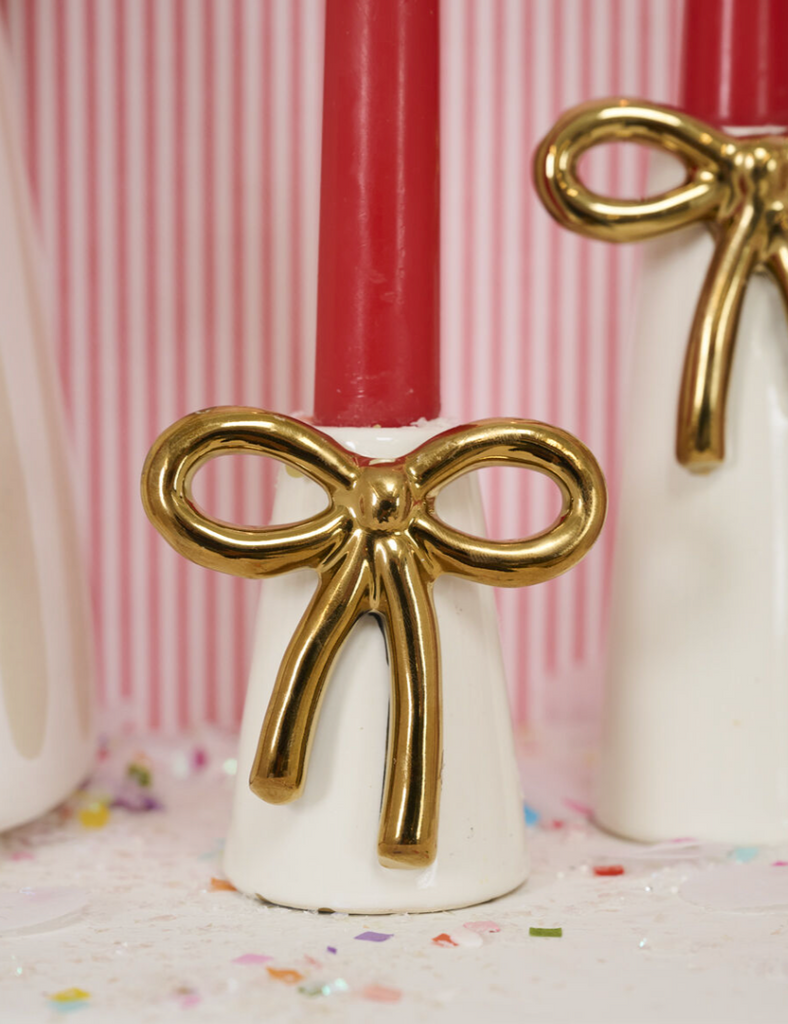 White Ceramic Holiday Candleholder  w/ Gold Bow