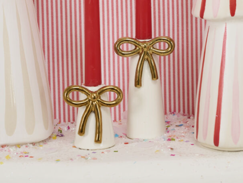 White Ceramic Holiday Candleholder  w/ Gold Bow