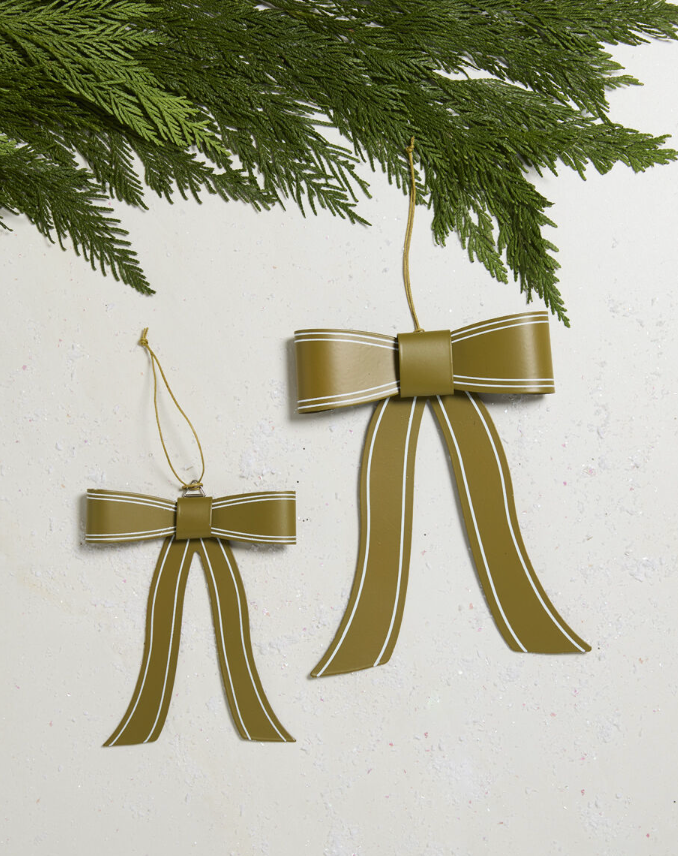 Metal Bow Ornament, Mossy Green w/ Cream Stripes, 2 Sizes