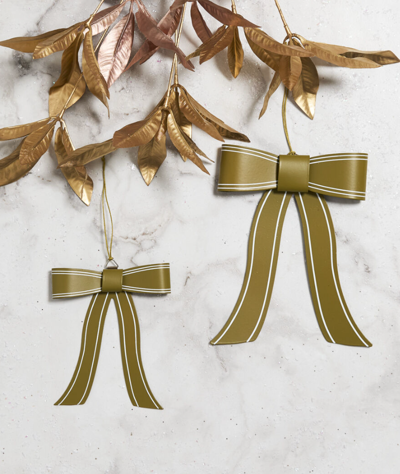 Metal Bow Ornament, Mossy Green w/ Cream Stripes, 2 Sizes
