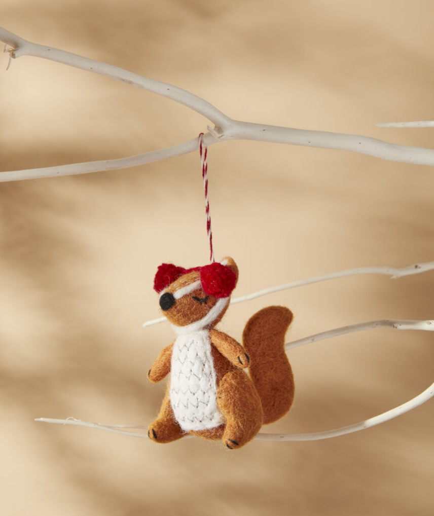 Felt Squirrel Ornament w/ Red Pom Ear Muffs