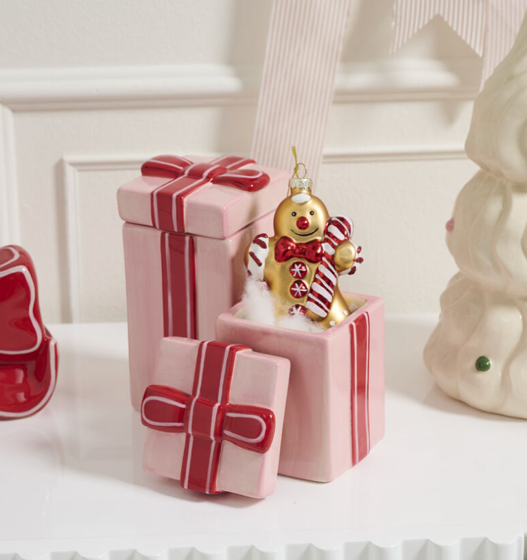 Pink Ceramic Canister Gift Box w/ Red Bow Design, 2 Sizes