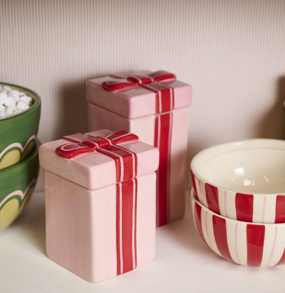 Pink Ceramic Canister Gift Box w/ Red Bow Design, 2 Sizes