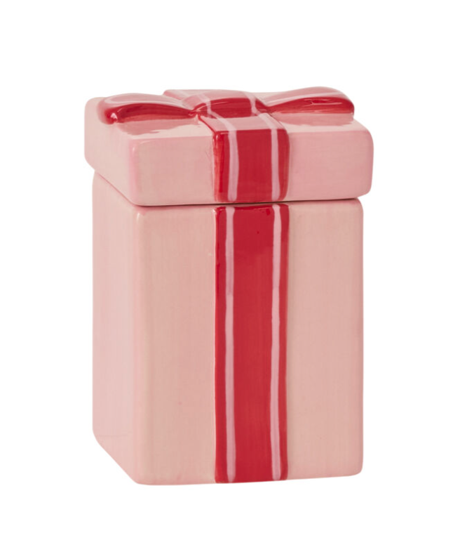 Pink Ceramic Canister Gift Box w/ Red Bow Design, 2 Sizes