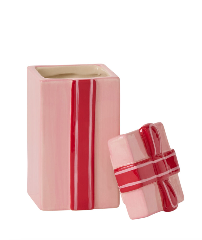 Pink Ceramic Canister Gift Box w/ Red Bow Design, 2 Sizes