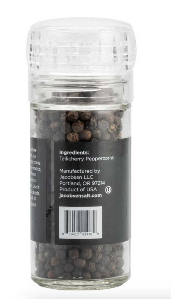 Jacobsen Salt Co. Tellicherry Peppercorns Refillable Grinder