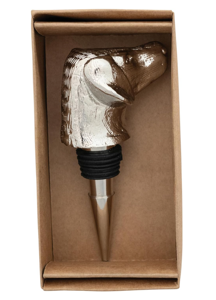 Cast Aluminum Dog Bottle Stopper, Nickel Finish