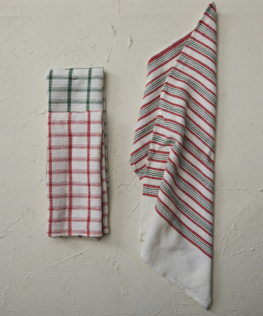 28" Waffle Weave Natural Tea Towel w/ Stripes/Grid Pattern, 3 Styles