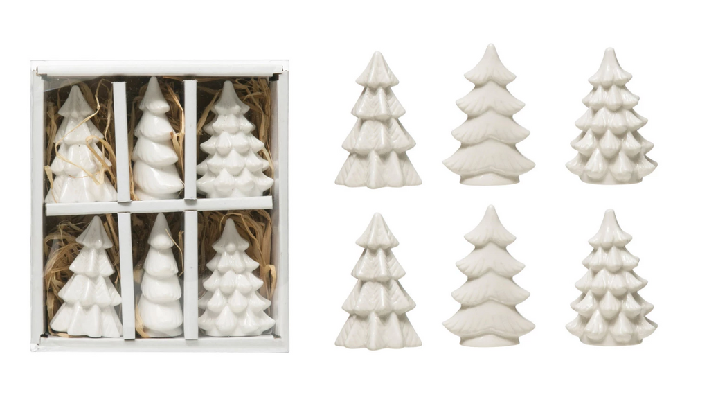 White Stoneware Tree Figurines in a Box, Set of 6