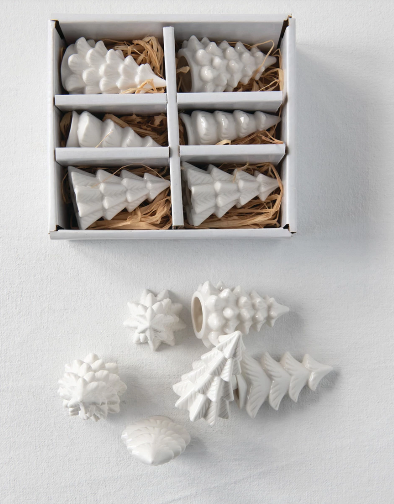 White Stoneware Tree Figurines in a Box, Set of 6