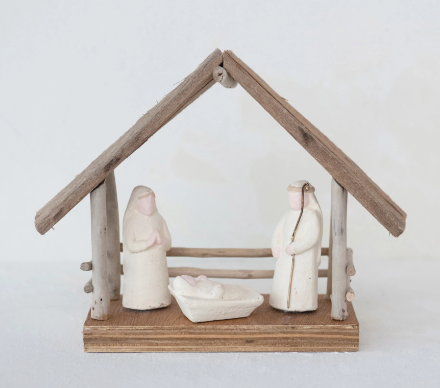 Nativity Set w/ Driftwood Base and Paper Mache Holy Family