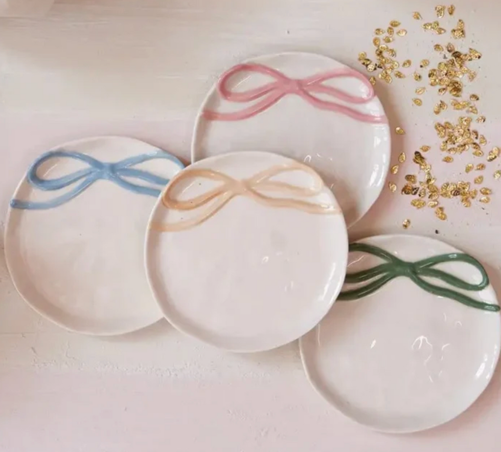 Stoneware Dish w/ Bow Design, 4 colors
