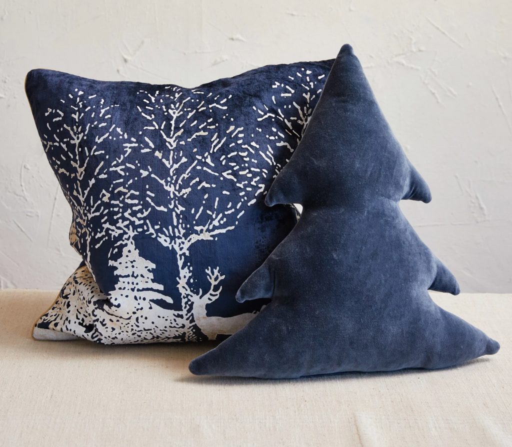 18" Velvet Tree Shaped Pillow, Navy