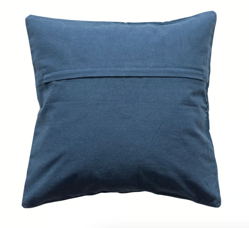 18" Square Cotton Velvet Pillow w/ Embroidered "Merry & Bright", Navy & White