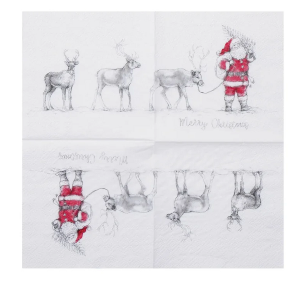 Paper Cocktail Napkins w/ Santa Leading Reindeer Image, Pack of 50