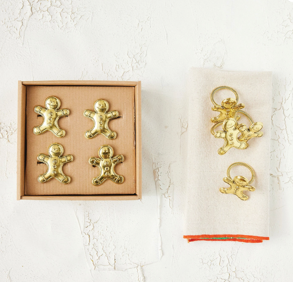 Napkin Rings w/ Gingerbread Men, Gold Finish, Boxed Set of 4