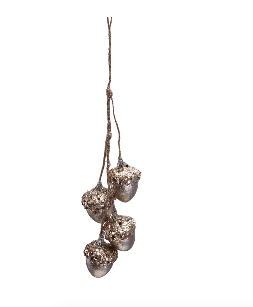 Hanging Acorns w/ Glitter, Sequins & Jute Rope Hanger, Copper Finish