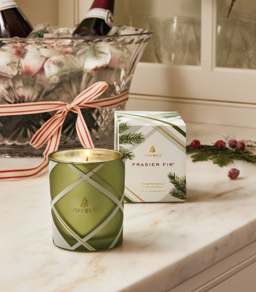Thymes Frasier Fir Frosted Plaid Poured Candle, 6.5 Ounces