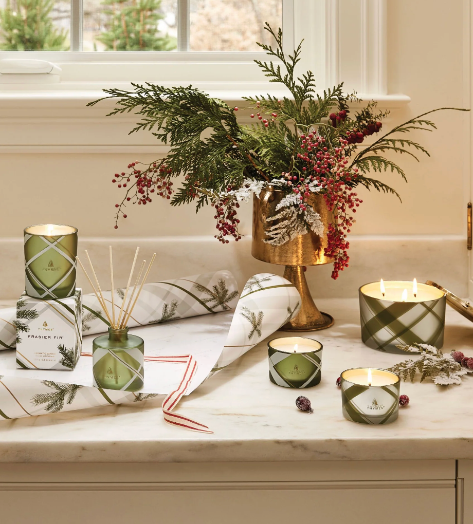 Thymes Frasier Fir Frosted Plaid Poured Candle, 6.5 Ounces