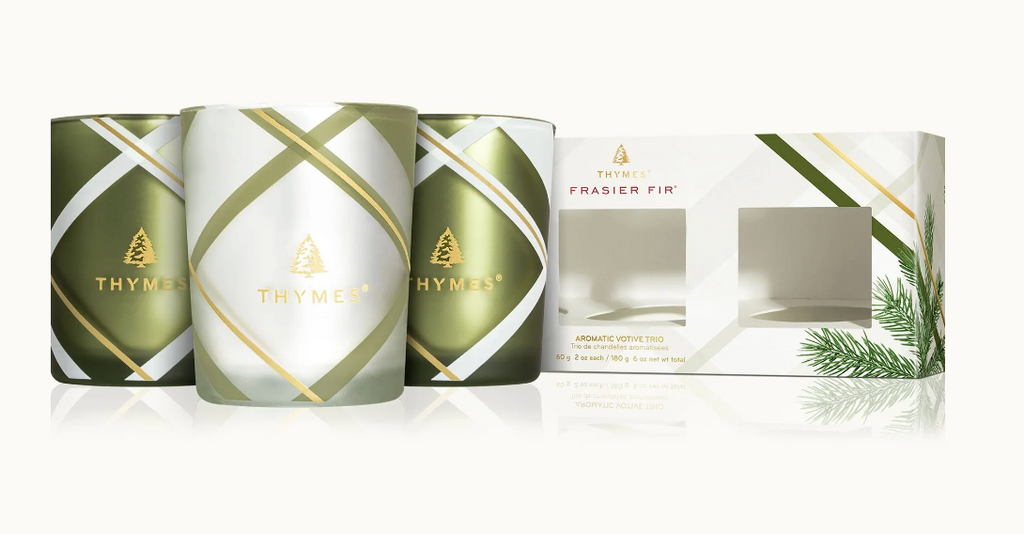Thymes Frasier Fir Frosted Plaid Votive Trio