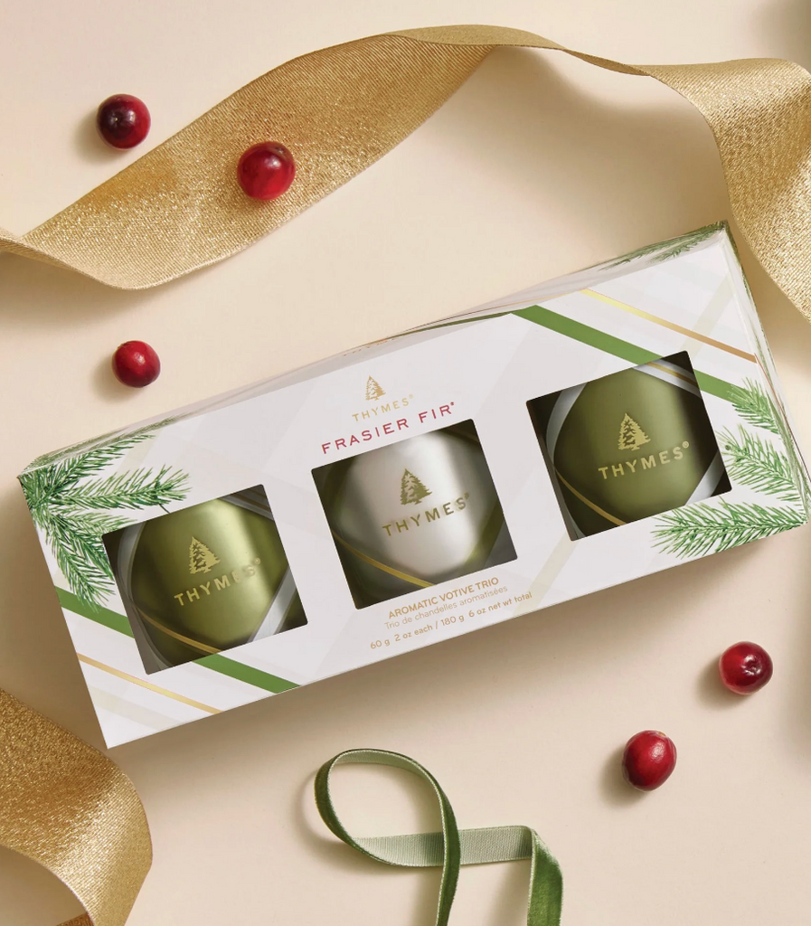 Thymes Frasier Fir Frosted Plaid Votive Trio