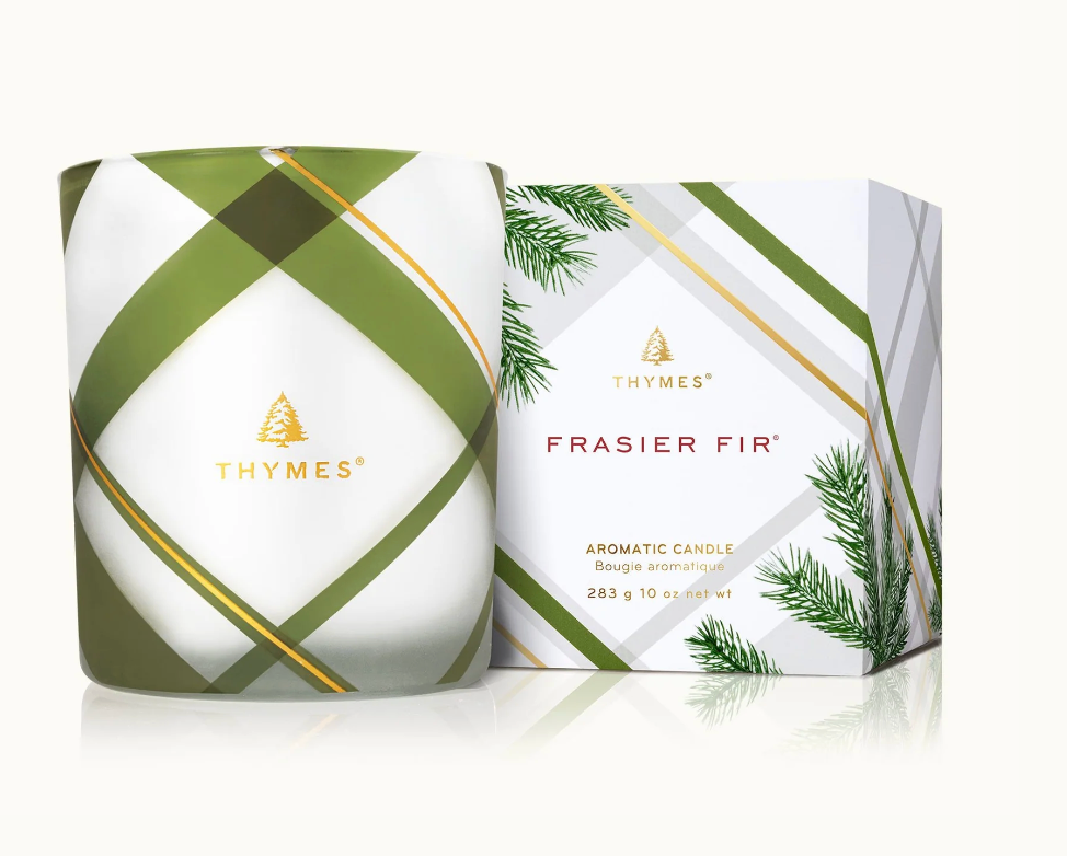 Thymes Frasier Fir Frosted Plaid Medium Boxed Candle, 10 Ounces