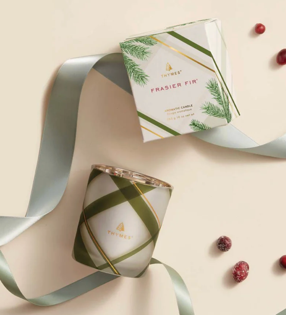 Thymes Frasier Fir Frosted Plaid Medium Boxed Candle, 10 Ounces
