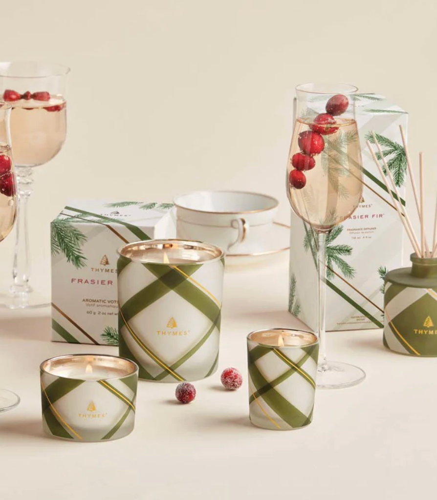 Thymes Frasier Fir Frosted Plaid Medium Boxed Candle, 10 Ounces