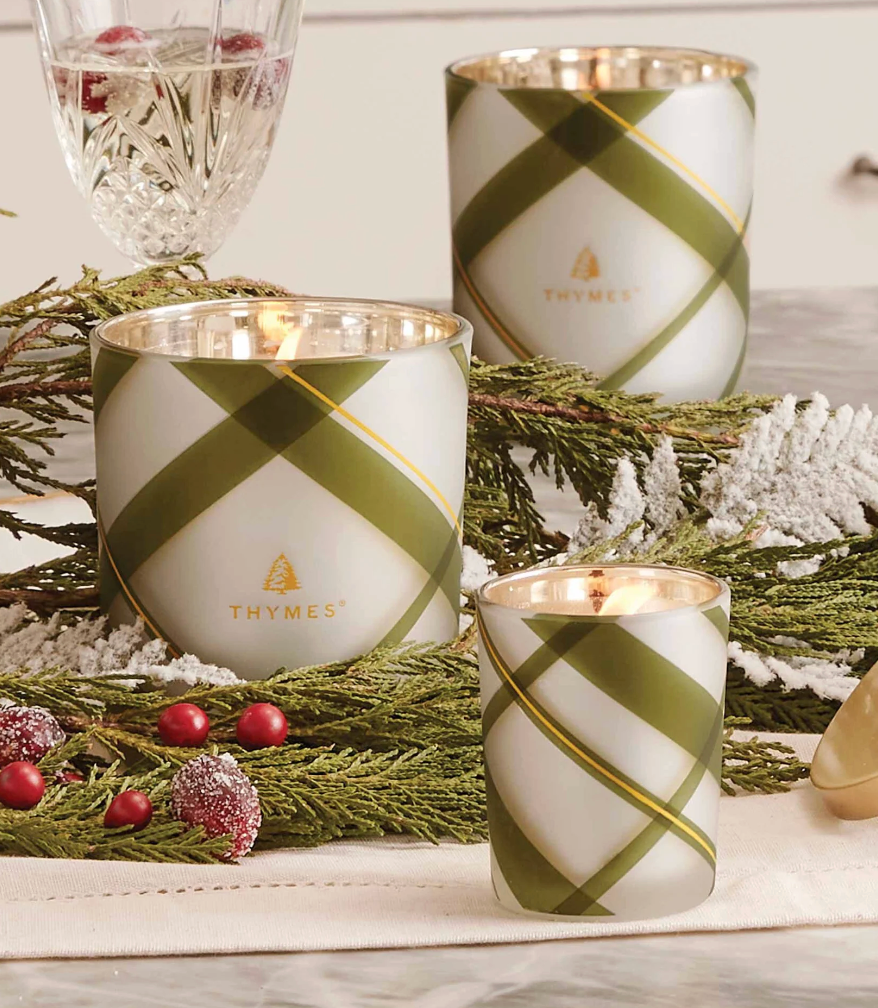 Thymes Frasier Fir Frosted Plaid Medium Boxed Candle, 10 Ounces
