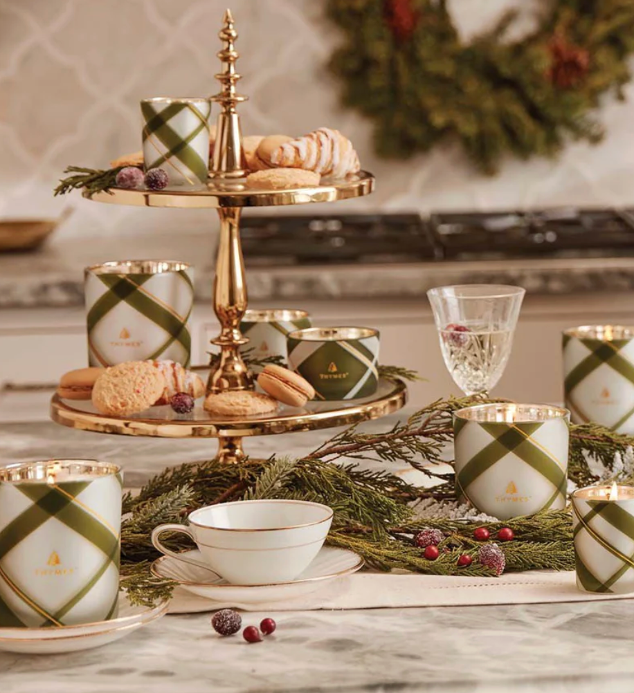 Thymes Frasier Fir Frosted Plaid Medium Boxed Candle, 10 Ounces