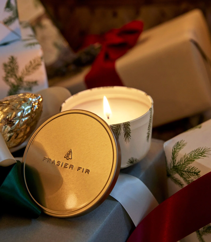 Thymes Frasier Fir Poured Candle Tin w/ Gold Lid, 6.5 Ounces