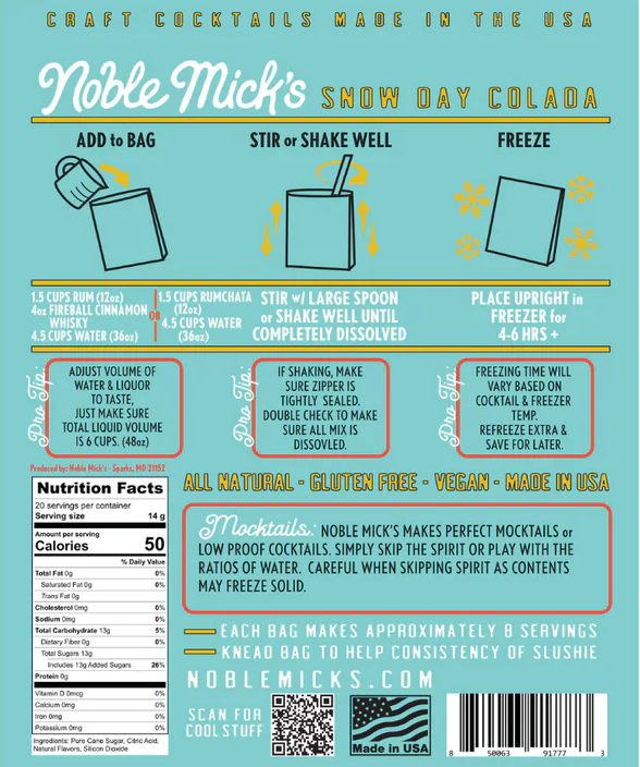 Noble Mick's Craft Cocktail - Snow Day Colada Frozen Cocktail