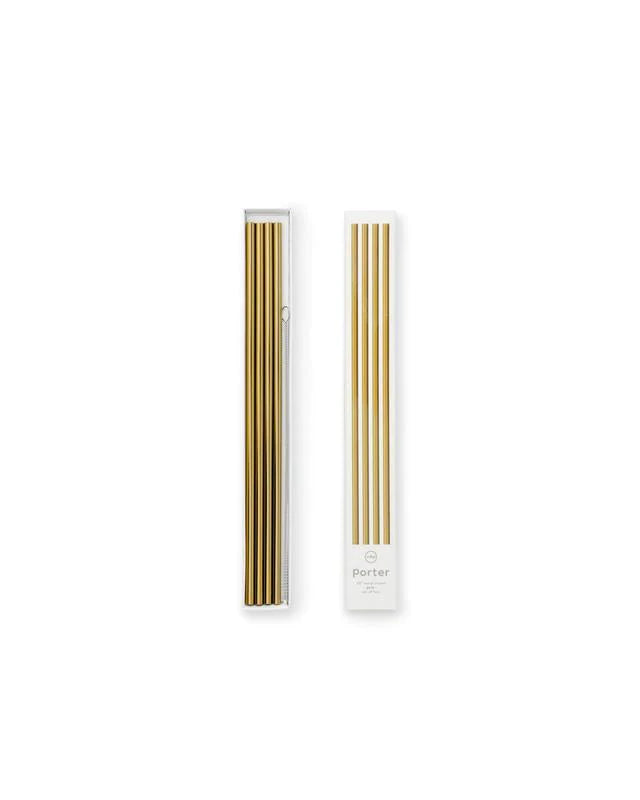 Porter 10” Gold Metal Straws, Set of 4 w/ Cleaner