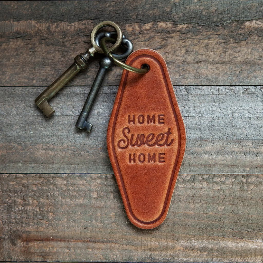"Home Sweet Home" Hand Pressed Leather Motel Style Keychain