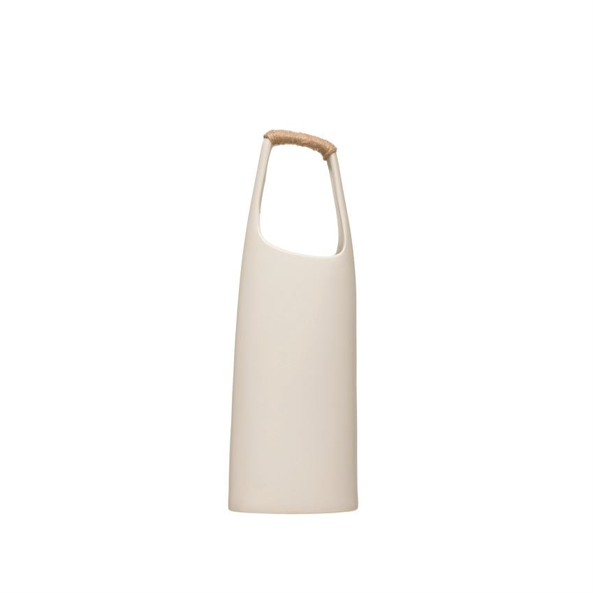 White Stoneware Vase w/ Rattan Wrapped Handle