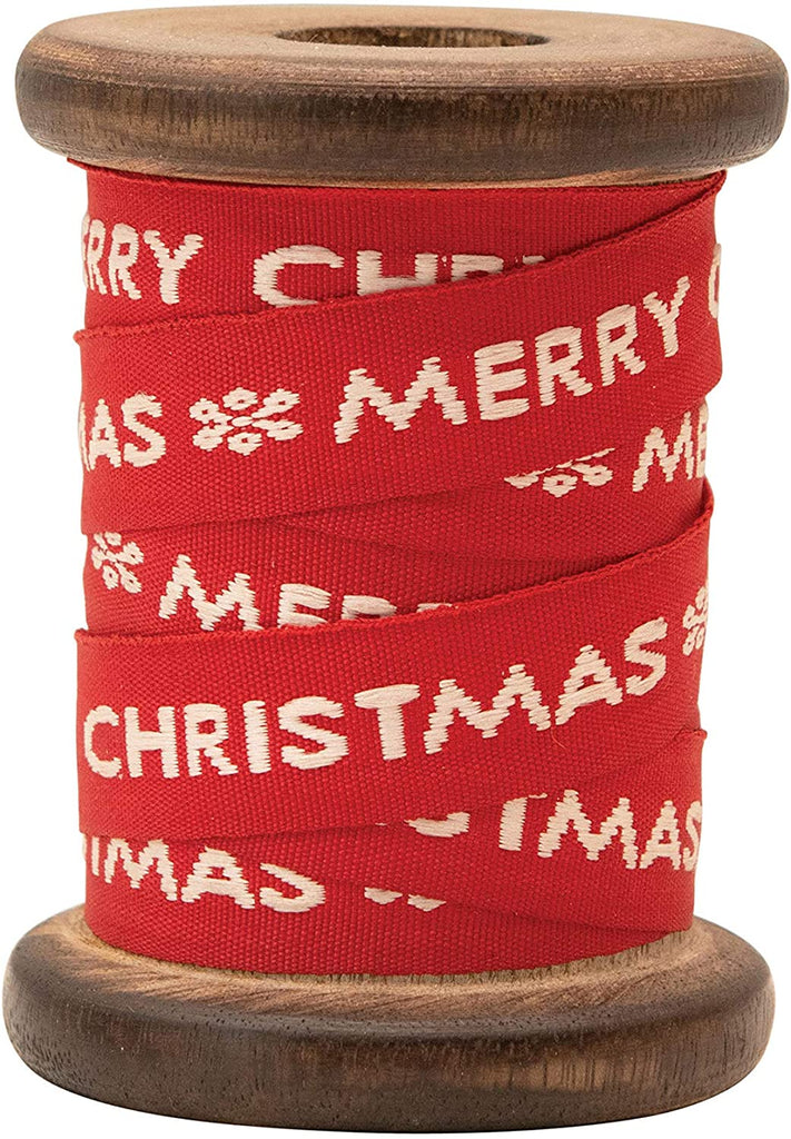 Red "Merry Christmas" Ribbon on Wood Spool, 10 Yards