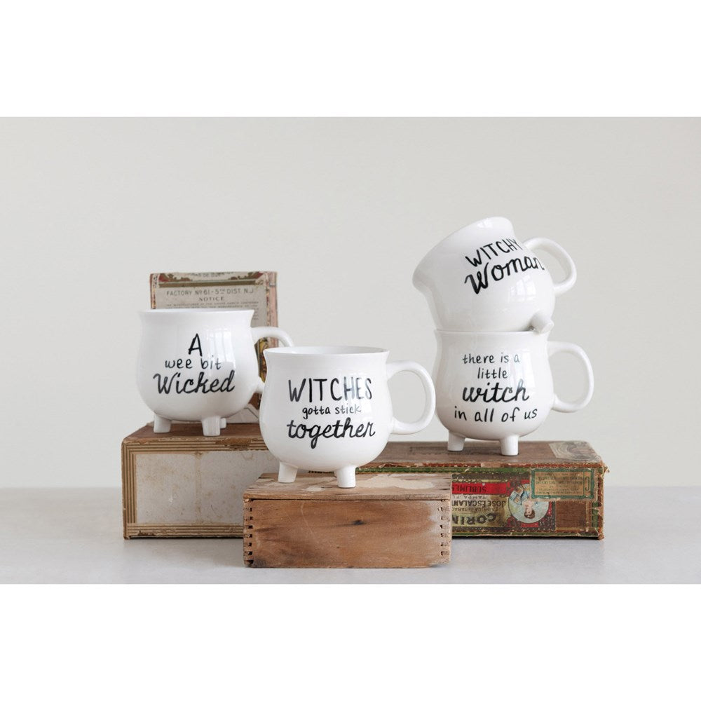 Stoneware Cauldron Mug with Witch Saying, 4 Styles