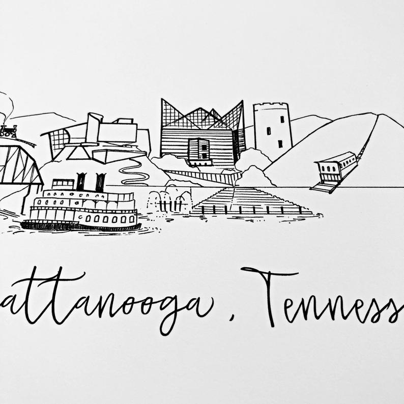 Chattanooga, Tennessee Skyline 5x7 Art Print, 2 Styles