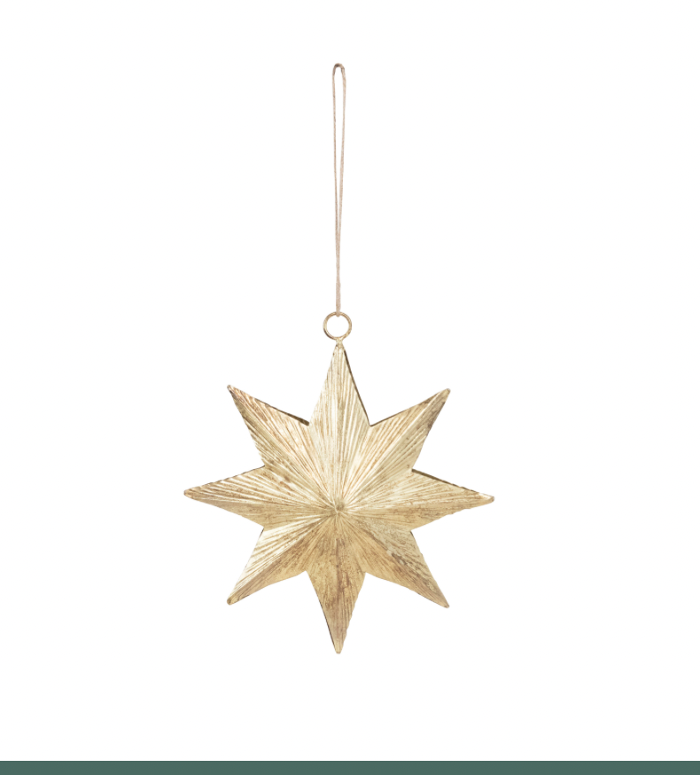 6" Embossed Metal Two-Sided Star Ornament, Antique Brass Finish
