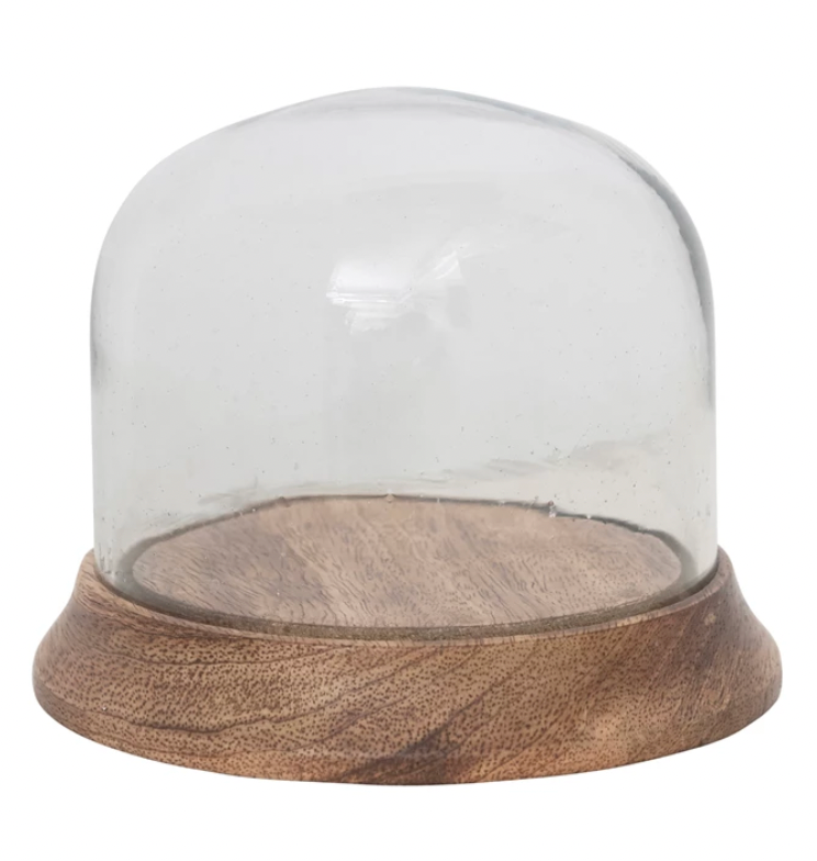 5-1/2" Round x 4"H Glass Cloche with Mango Wood Base